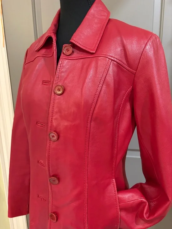 Danier Red Leather Button-Front Jacket - Picture 3 of 11